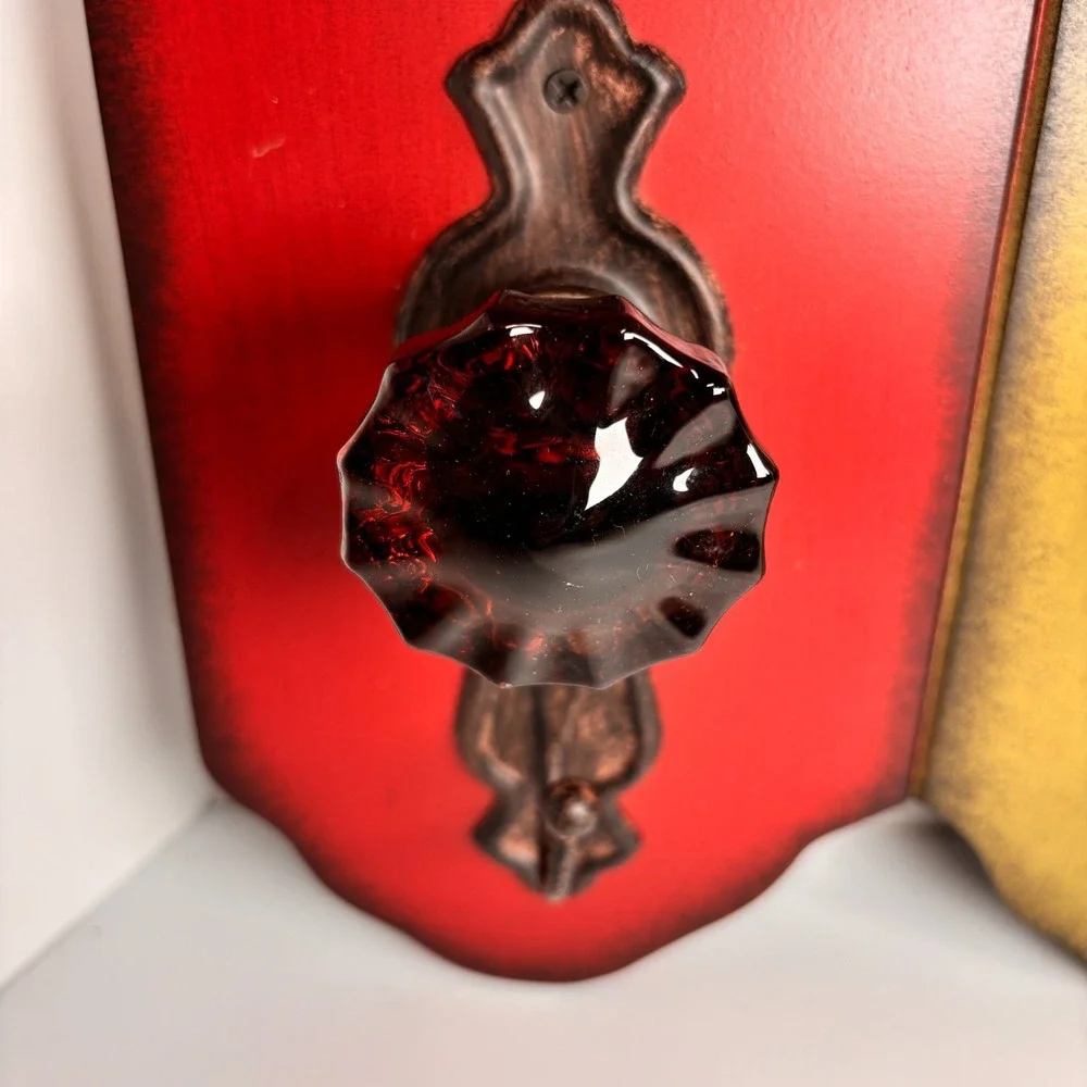 Wooden Wall Shelf 4 Hooks Glass Doorknob Distressed Cottage core Farmhouse